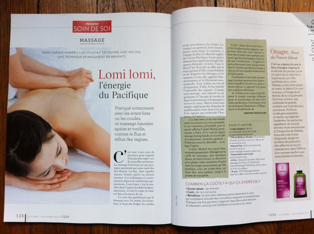 magazine les cles, article sur le massage Lomi Lomi qui cite Coline Madral